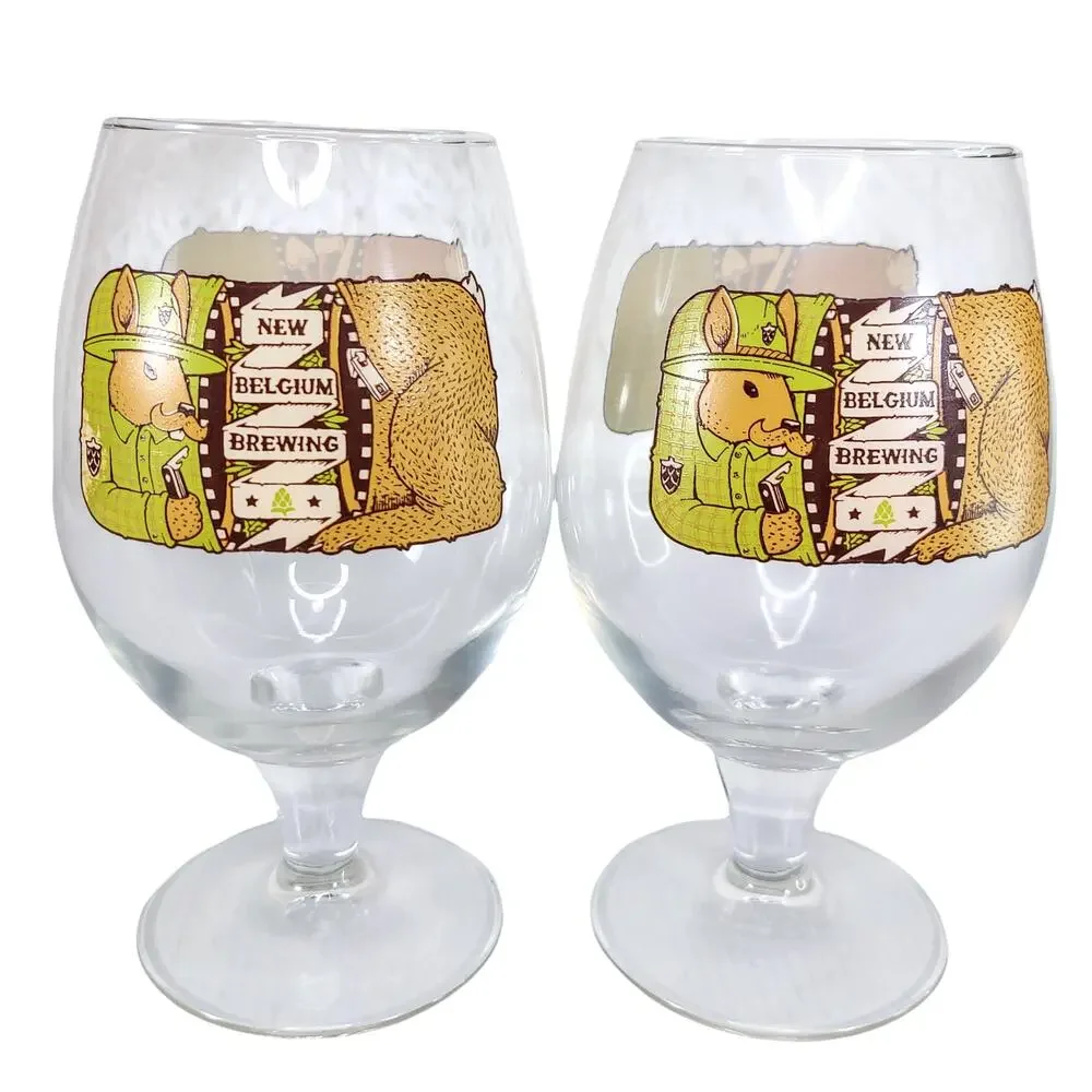 New Belgium Brewing Tulip Beer Glasses Snifter Pair 2014 Garden Rabbit - Picture 2 of 7